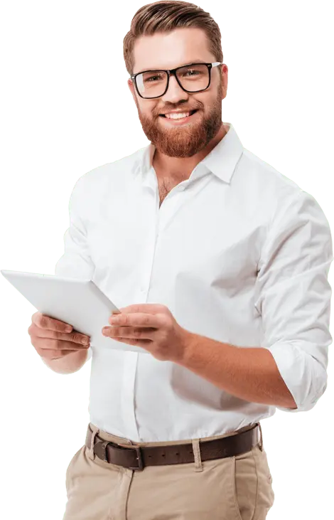 Professional man with glasses holding tablet
